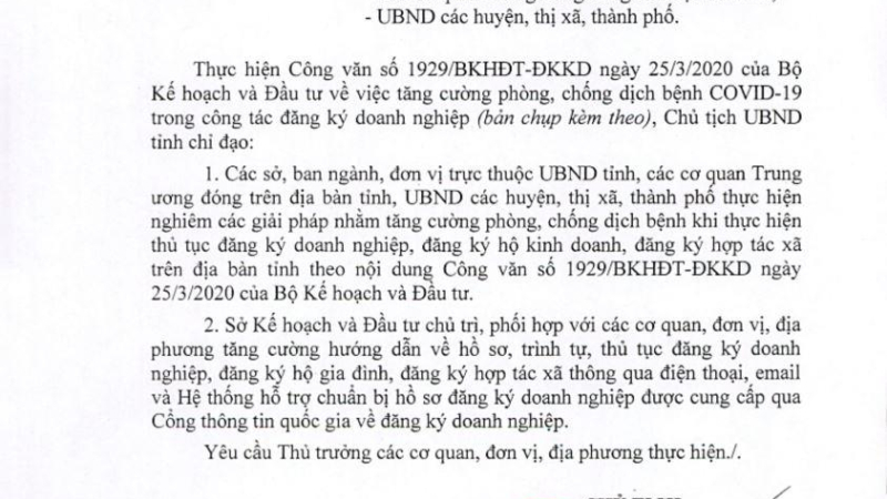 TĂNG CƯỜNG PHÒNG CHỐNG DỊCH BỆNH COVID-19 TRONG CÔNG TÁC ĐĂNG KÝ DOANH NGHIỆP