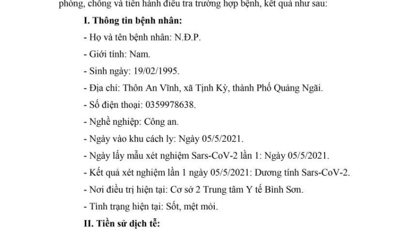 Báo cáo của Sở Y Tế Quảng Ngãi về ca dương tính với SARS-CoV-2