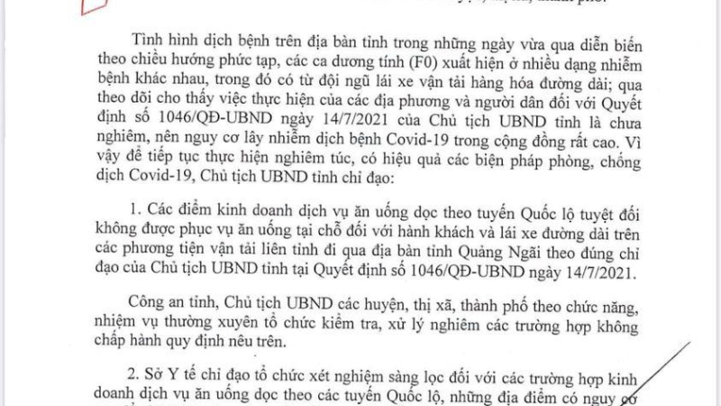 Quảng Ngãi: Áp dụng biện pháp phòng, chống dịch Covid-19.