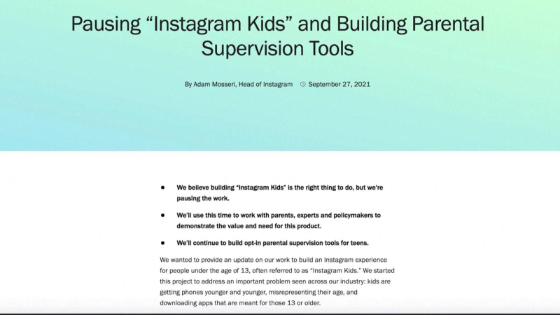 Facebook dừng phát triển Instagram cho trẻ em