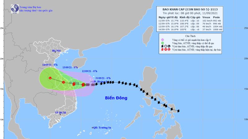 Bão số 5 đang áp sát vùng biển Quảng Trị-Quảng Ngãi