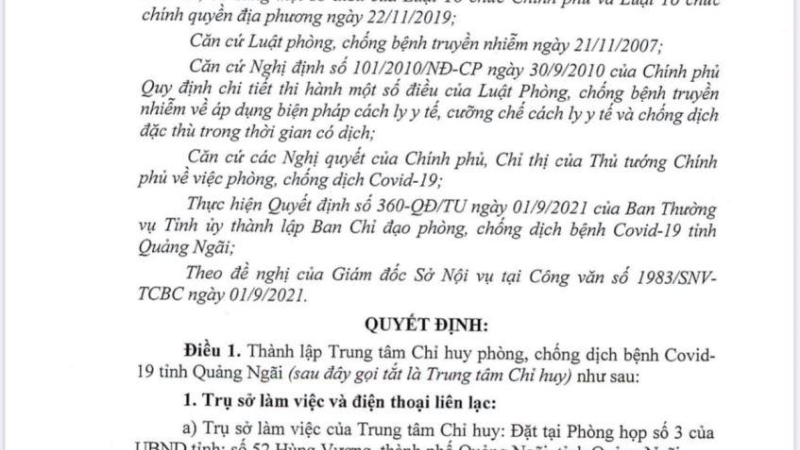 QUYẾT ĐỊNH Về việc thành lập Trung tâm chỉ huy phòng, chống dịch bệnh COVID-19 tỉnh Quảng Ngãi.