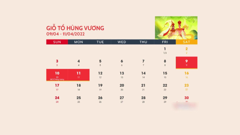 Lịch nghỉ lễ Giỗ Tổ Hùng Vương, dịp lễ 30/4 - 1/5