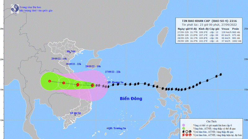 Bão số 4 ngay trên vùng biển Quảng Trị - Quảng Ngãi