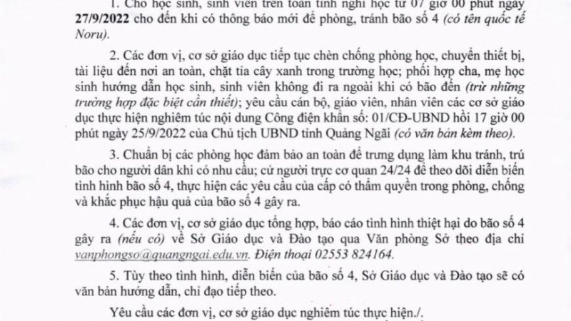 Quảng Ng&atilde;i cho học sinh, sinh vi&ecirc;n nghỉ học để ph&ograve;ng tr&aacute;nh b&atilde;o số 4
