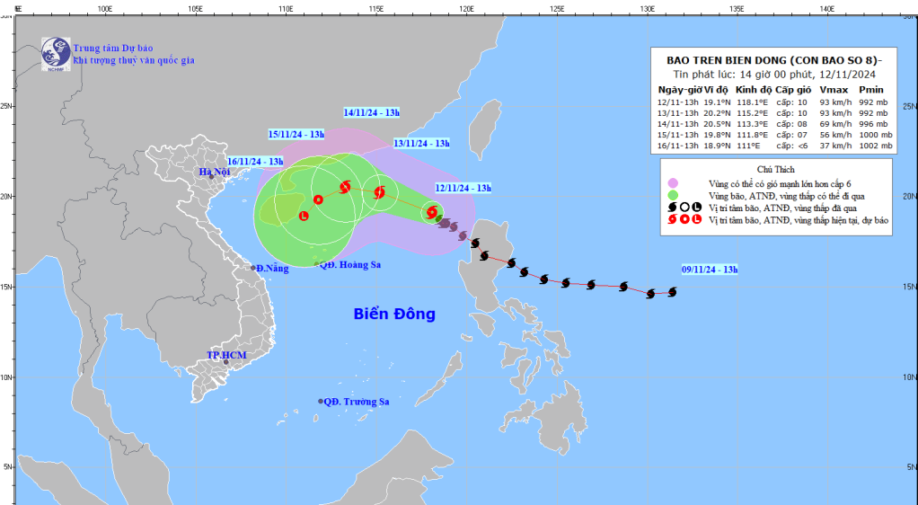 Bản đồ dự báo quỹ đạo và cường độ bão số 8 phát lúc 14h00 ngày 12/11/2024