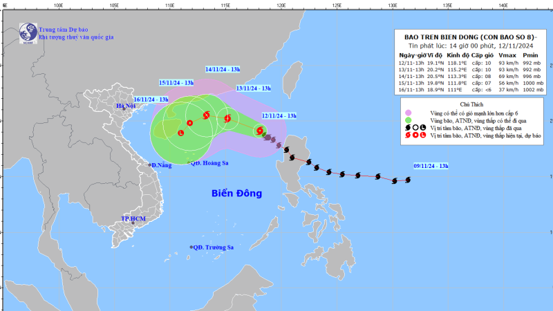 Tin bão mới nhất ngày 12/11: Bão số 08 (Toraji) giật cấp 12 trên biển Đông 