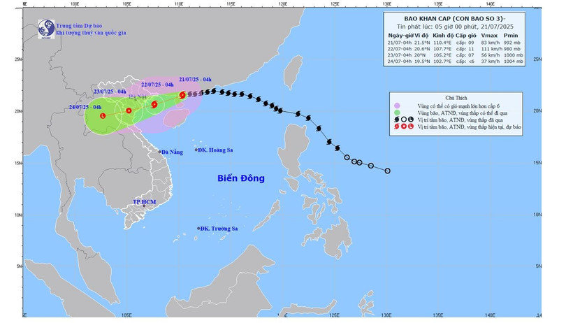 Bản đồ dự báo quỹ đạo và cường độ bão số 3 phát lúc 5 giờ ngày 21/7/2025. (Ảnh: Theo Trung tâm Dự báo khí tượng thủy văn quốc gia)
