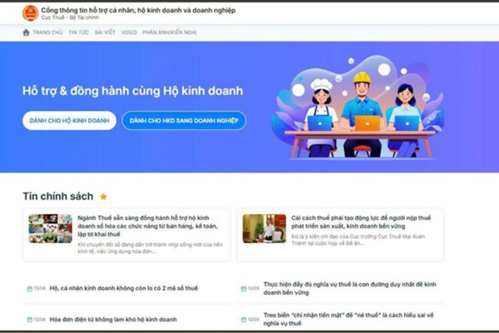 Giao diện Cổng thông tin hỗ trợ cá nhân, hộ kinh doanh và doanh nghiệp. Ảnh: Cục Thuế