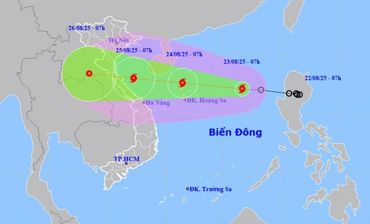 Dự báo đường đi, khu vực ảnh hưởng của bão số 5. Nguồn: NCHMF