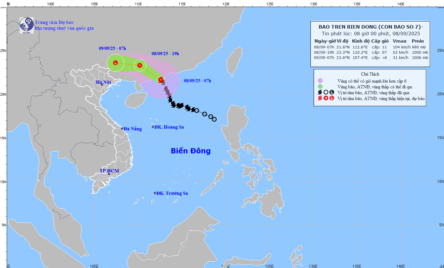 Vị trí và đường đi của bão số 7. Ảnh: KTTV.