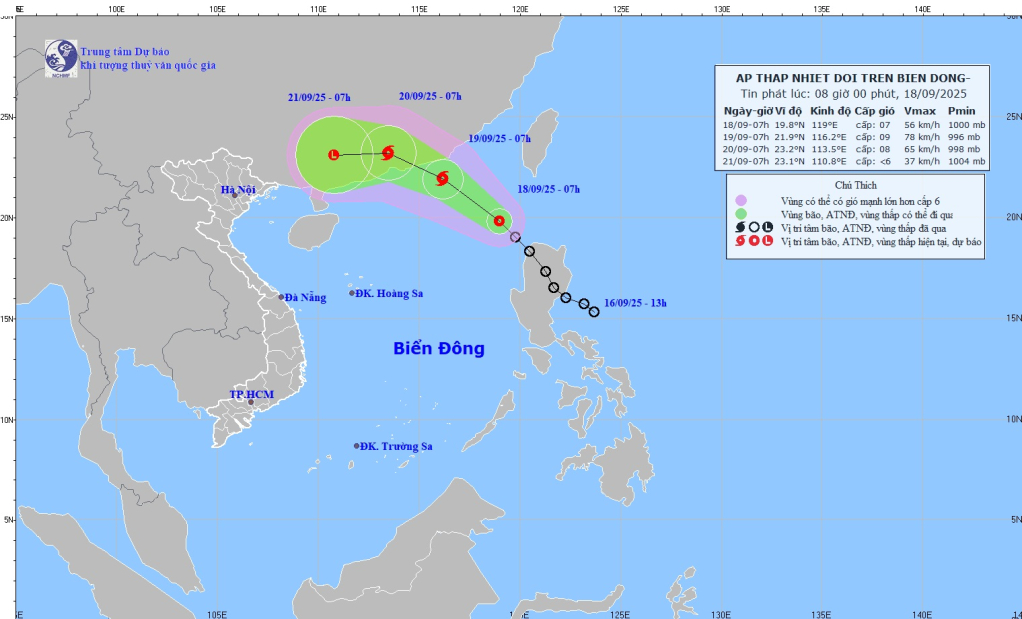 Vị trí và đường đi của áp thấp nhiệt đới. Ảnh: KTTV