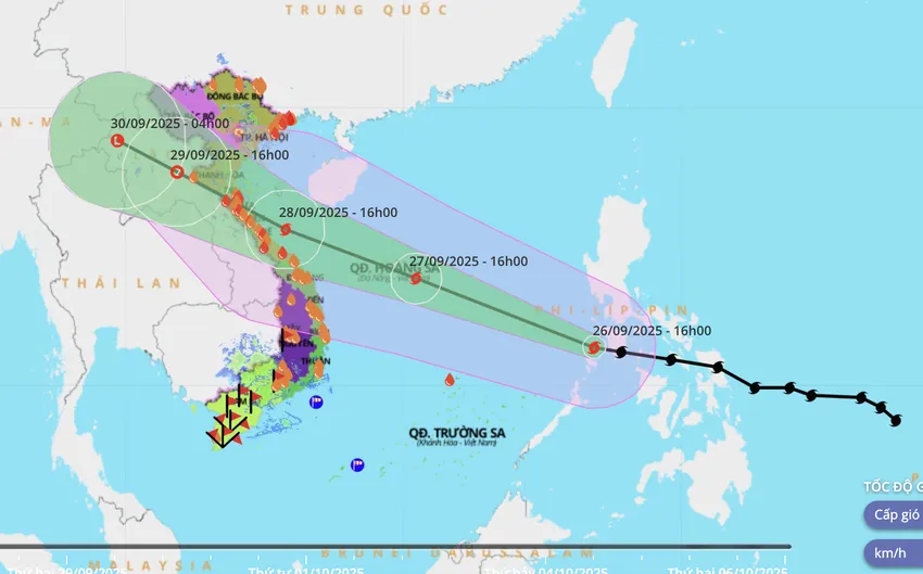 Cập nhật vị trí và đường đi của bão số 10 Bualoi vào 20 giờ ngày 26.9. Nguồn: Trung tâm Dự báo Khí tượng Thủy văn Quốc gia