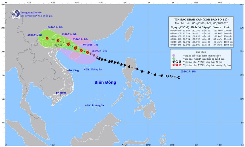 Bản đồ dự báo quỹ đạo và cường độ bão số 11 phát lúc 5 giờ sáng 5/10/2025. (Nguồn: Trung tâm Dự báo khí tượng thủy văn quốc gia)