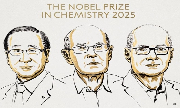 Ba nhà khoa học Susumu Kitagawa, Richard Robson và Omar M. Yaghi là chủ nhân giải Nobel Hóa học 2025. Ảnh: Nobel Prize