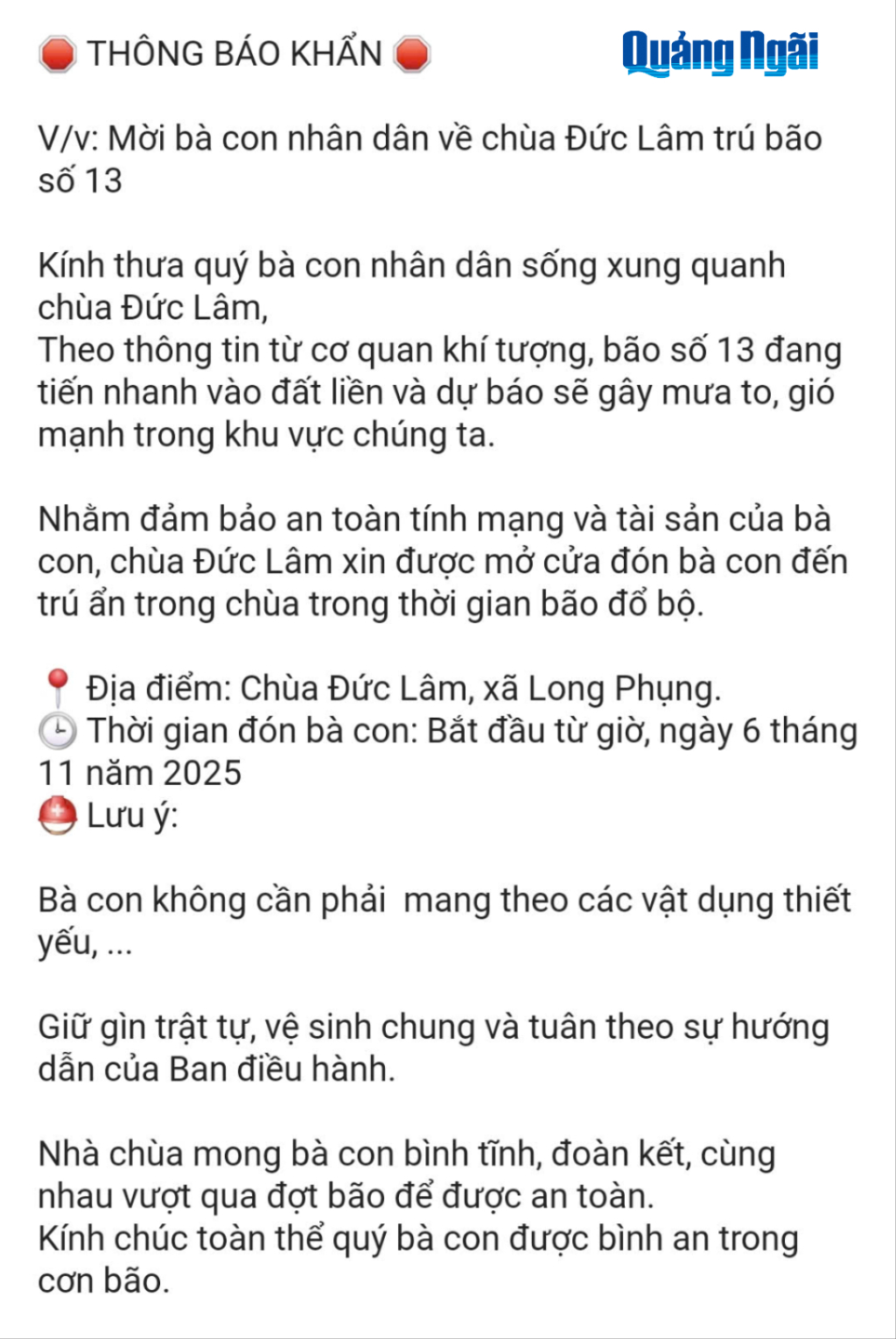 Dòng thông tin chia sẻ của Đại đức Thích Hạnh Nhân, trụ trì chùa Đức Lâm, xã Long Phụng. Ảnh: Báo Quảng Ngãi điện tử