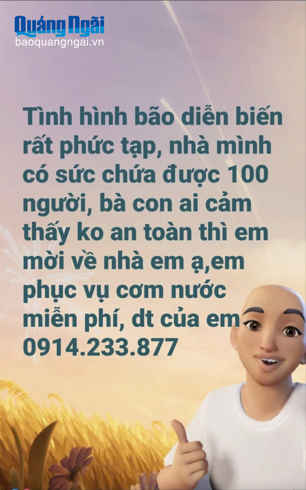 Anh Lâm Quang Bình chia sẻ về sẵn lòng đón tiếp và phục vụ cơm nước miễn phí người dân đến trú bão. 