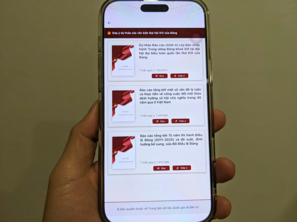 Mục góp ý dự thảo Văn kiện Đại hội 14 trên ứng dụng VNeID. Ảnh: Nguyên Phong