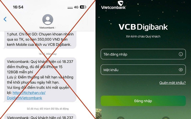 Một tin nhắn mạo danh SMS Vietcombank với nội dung thông báo điểm thưởng hết hạn, hướng dẫn đổi quà để đánh cắp thông tin thẻ