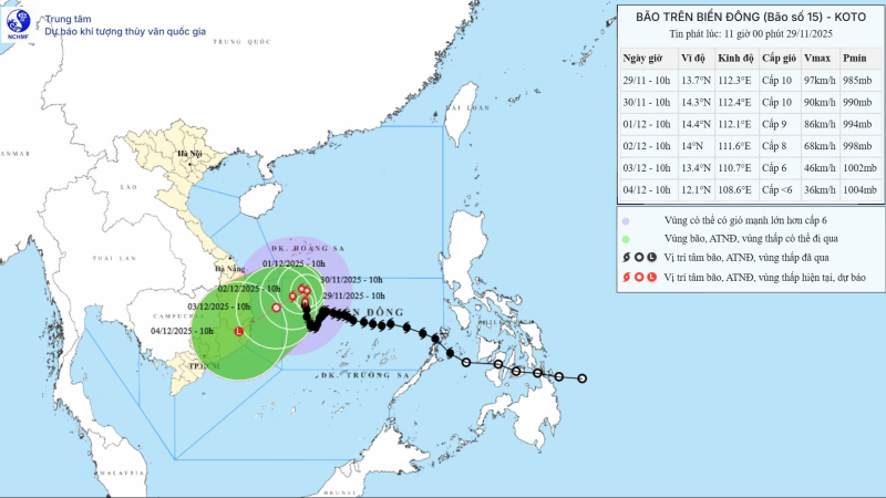 Bão số 15 KOTO giật cấp 15, dự báo sẽ ảnh hưởng khu vực vùng biển Gia Lai - Khánh Hoà
