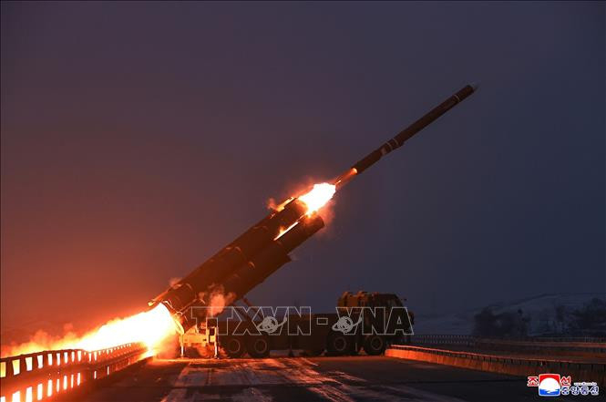 Vụ phóng thử tên lửa hành trình chiến lược tầm xa của Triều Tiên. Ảnh: Yonhap/TTXVN