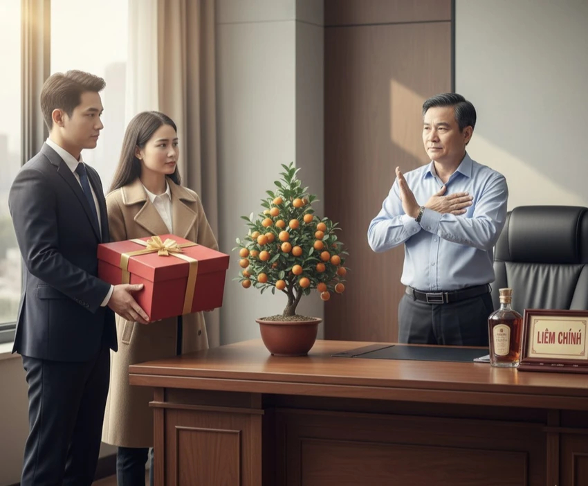 Quảng Ngãi ra chỉ thị cấm việc tặng, biếu quà cho cán bộ dịp Tết. Ảnh minh họa AI