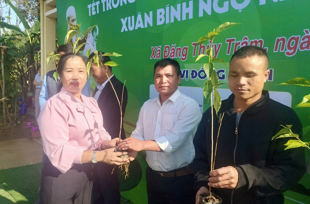 Lãnh đạo xã Đặng Thuỳ Trâm trao tặng cây giống hoa Mai anh đào đến các hộ dân.
