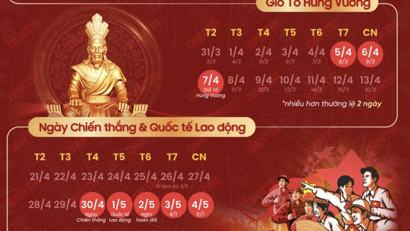 Lịch nghỉ dịp lễ Giỗ Tổ H&ugrave;ng Vương v&agrave; dịp 30/4 - 1/5/2026 
