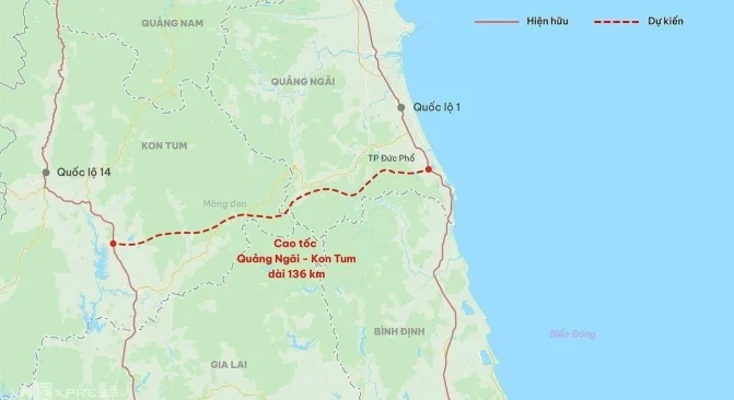 Hướng tuyến cao tốc Quảng Ngãi - Kon Tum đi qua Măng Đen. Đồ họa: Đăng Hiếu