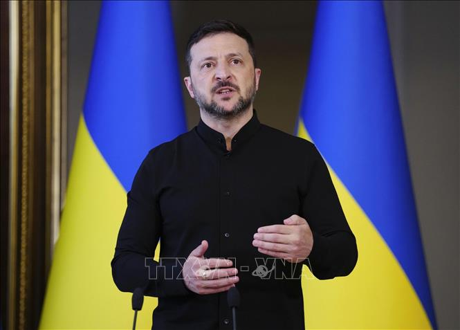 Tổng thống Ukraine Volodymyr Zelensky phát biểu tại Kiev. Ảnh: Kyodo/TTXVN