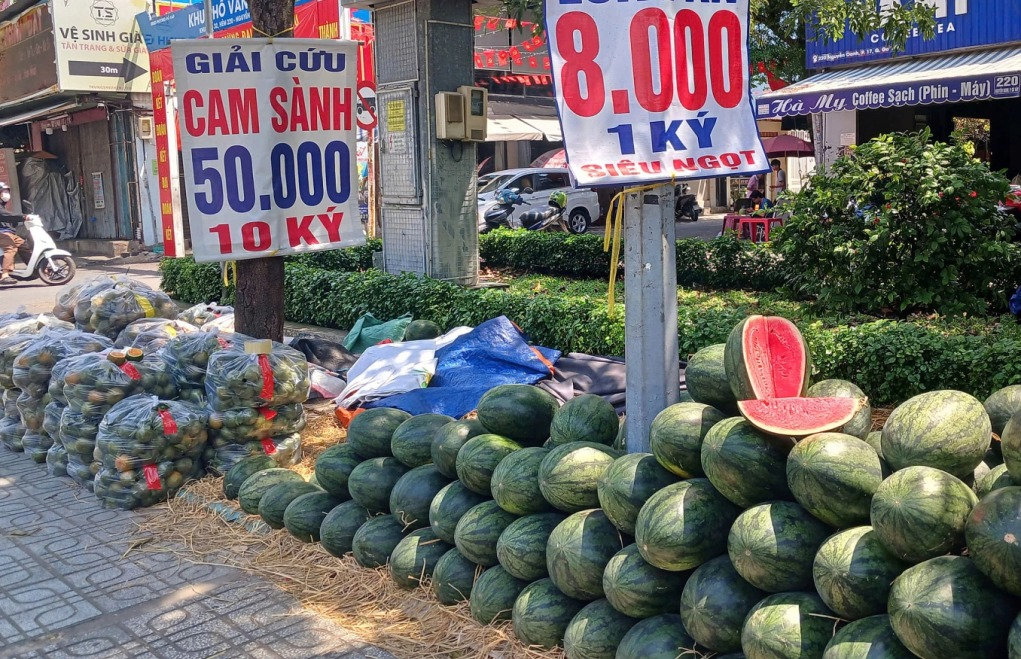 Cam sành, dưa hấu bán trên đường Nguyễn Oanh, phường Gò Vấp (TP HCM) sáng 17/3. Ảnh: Thi Hà