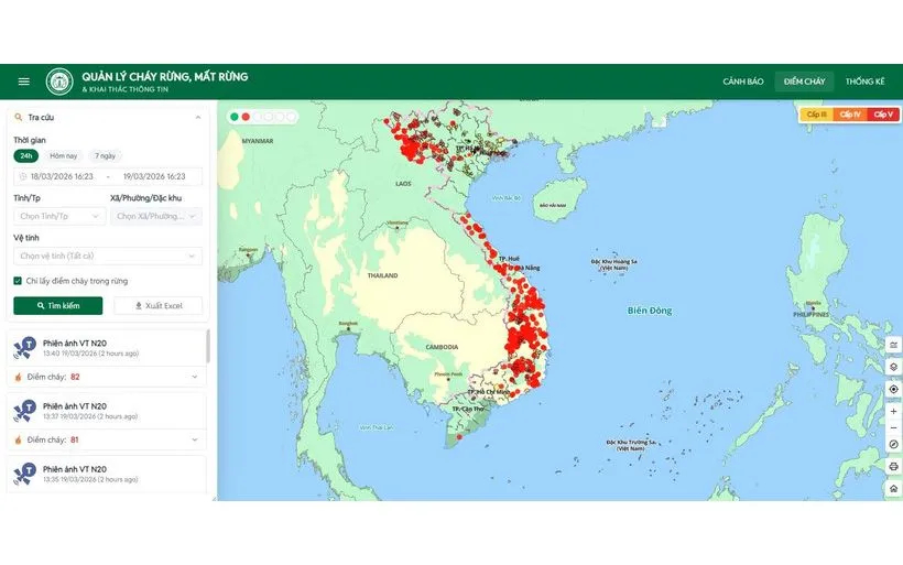 Theo dõi thông tin cảnh báo cháy rừng trên hệ thống thông tin cảnh báo cháy sớm của Cục Lâm nghiệp và Kiểm lâm tại địa chỉ Website https://vnforest.gov.vn. Nguồn: Cục Lâm nghiệp và Kiểm lâm