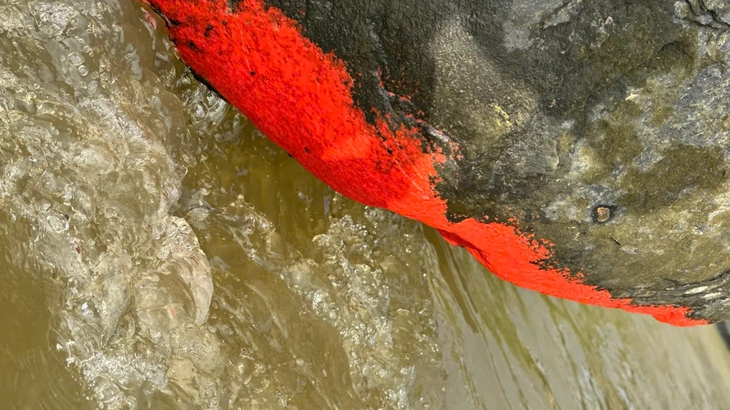 Độc lạ tảng đ&aacute; nổi m&agrave;u đỏ rực tr&ecirc;n s&ocirc;ng ở Đ&agrave; Nẵng