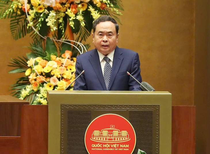 Chủ tịch Quốc hội Trần Thanh Mẫn, Chủ tịch Hội đồng Bầu cử Quốc gia, phát biểu khai mạc Hội nghị toàn quốc tổng kết công tác bầu cử đại biểu Quốc hội khóa XVI và đại biểu Hội đồng nhân dân các cấp nhiệm kỳ 2026-2031 chiều 31/3 - Ảnh: VGP