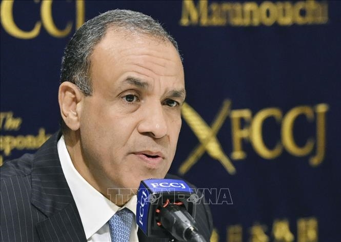 Ngoại trưởng Ai Cập Badr Abdelatty trong cuộc họp báo ở Tokyo, Nhật Bản.