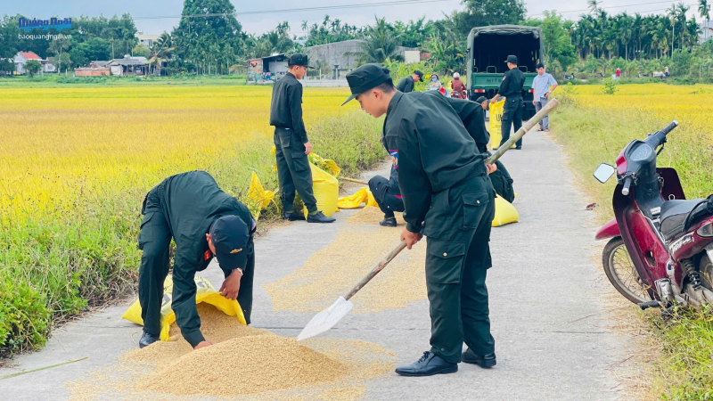 Cảnh s&aacute;t cơ động gi&uacute;p d&acirc;n gom l&uacute;a khi trời chuyển mưa