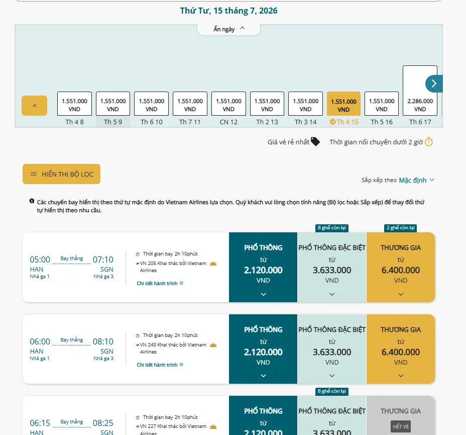Gía vé máy bay của Vietnam Airlines chặng Hà Nội - TP Hồ Chí Minh vào tháng 7/2026.