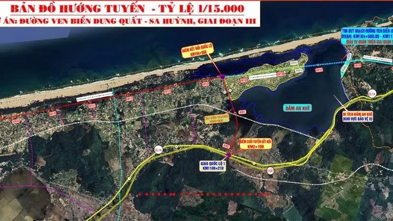 Bản đồ hướng tuyến dự án đường ven biển Dung Quất - Sa Huỳnh giai đoạn 3.