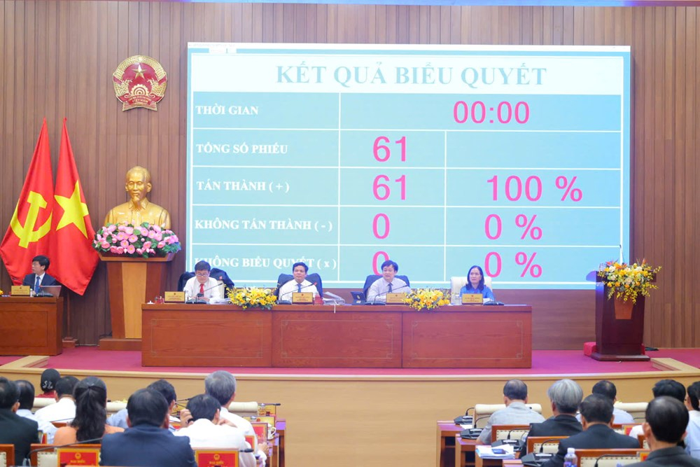 Đại biểu HĐND tỉnh Quảng Ngãi biểu quyết thông qua dự thảo nghị quyết.