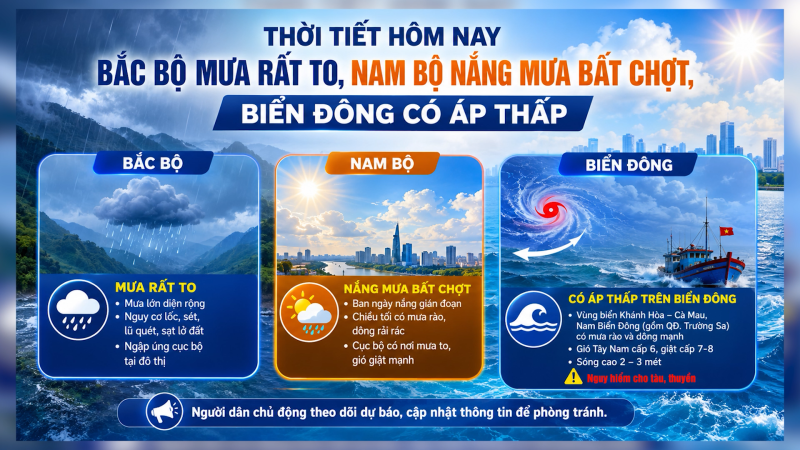  Bắc Bộ mưa rất to, Nam Bộ nắng mưa bất chợt, Biển Đ&ocirc;ng c&oacute; &aacute;p thấp