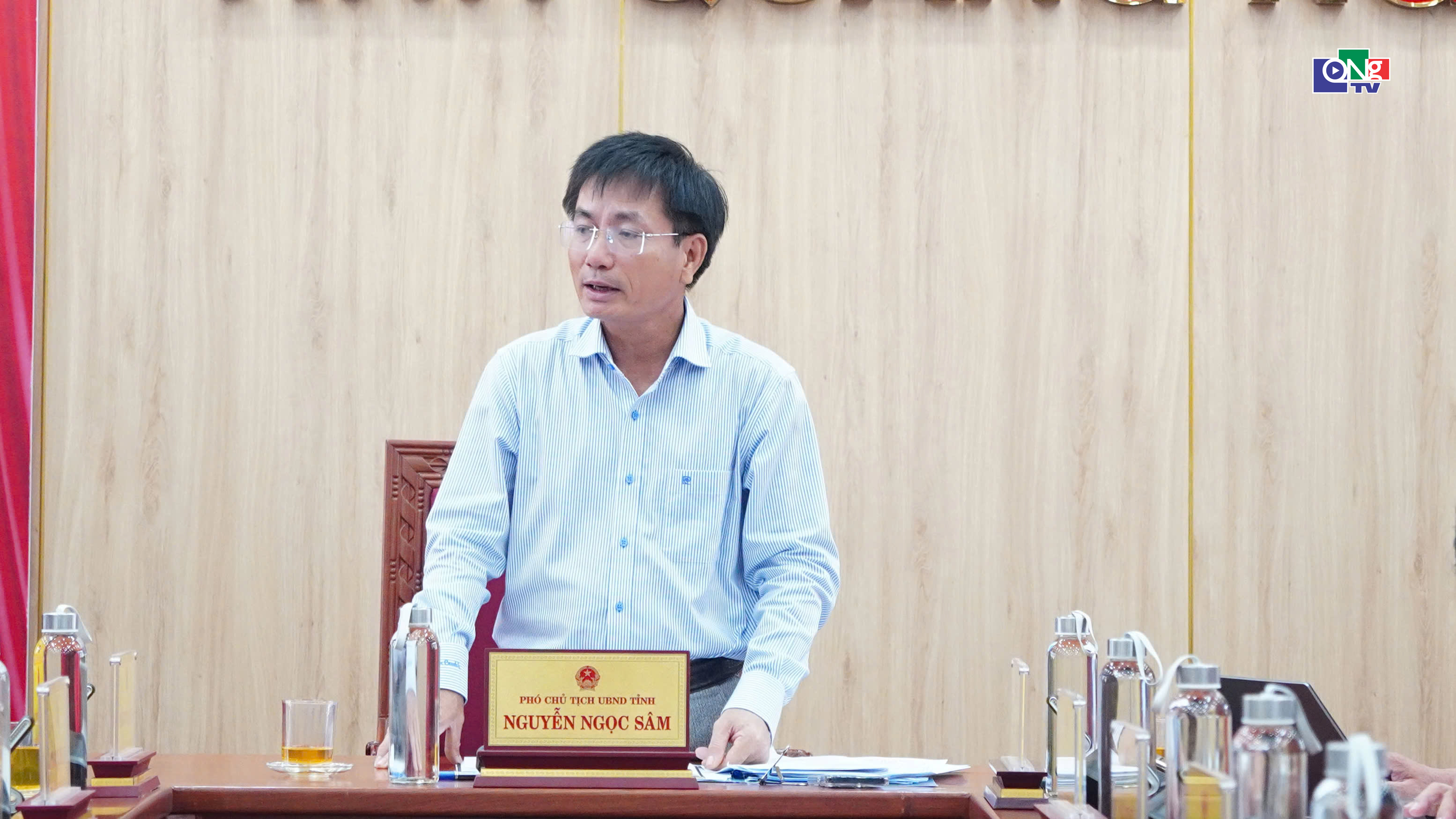 Phó Chủ tịch UBND tỉnh Nguyễn Ngọc Sâm phát biểu tại cuộc họp.  